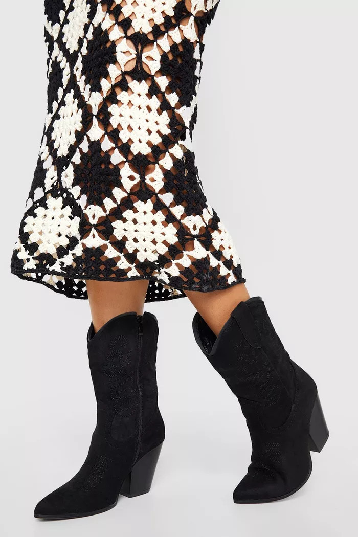 Tab Detail Calf High Western Cowboy Boots | boohoo (US & Canada)