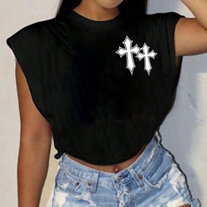 Casual Simple Cross Pattern Round Neck Short Sleeve Loose Fit Cropped T-Shirt For Women, Suitable For Summer | SHEIN