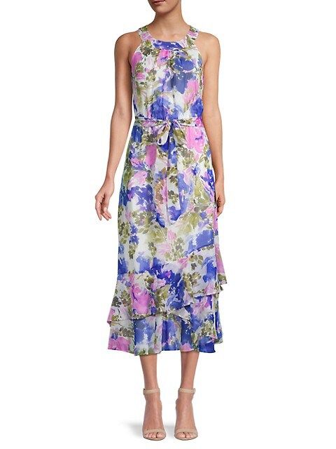 Calvin Klein Floral Belted Midi Dress on SALE | Saks OFF 5TH | Saks Fifth Avenue OFF 5TH