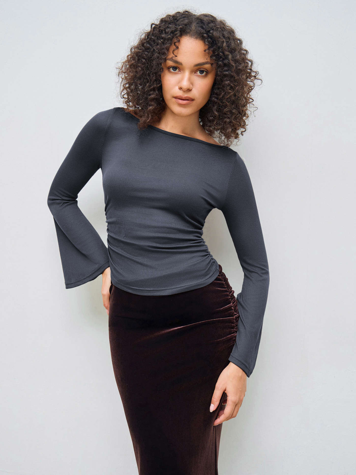 City Chic Countryside Core Knit Fabric Boat Neck Solid Ruched Long Sleeve Tee For Daily Casual Wo... | Cider