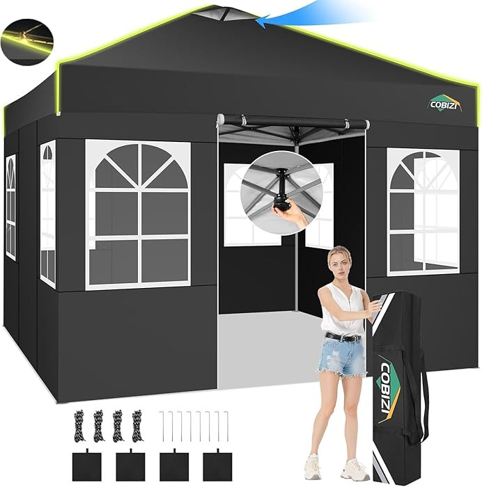 COBIZI 10x10 Pop Up Canopy Tent, Outdoor Party Tent with 4 Sidewall One Push Setup Glow, 3 Adjust... | Amazon (US)
