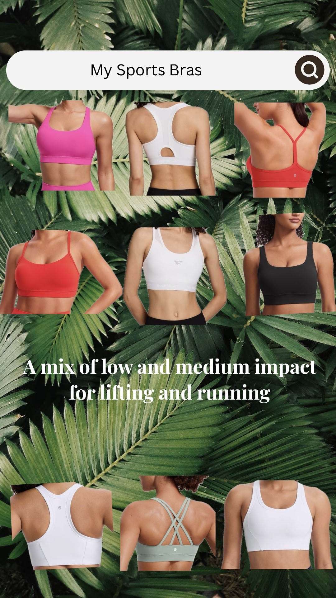 Some of my favorite sports bras. Not all of them I wear running. Some are really great lifting, Pilates and yoga! The ones with a wider race back are my running go-to’s!