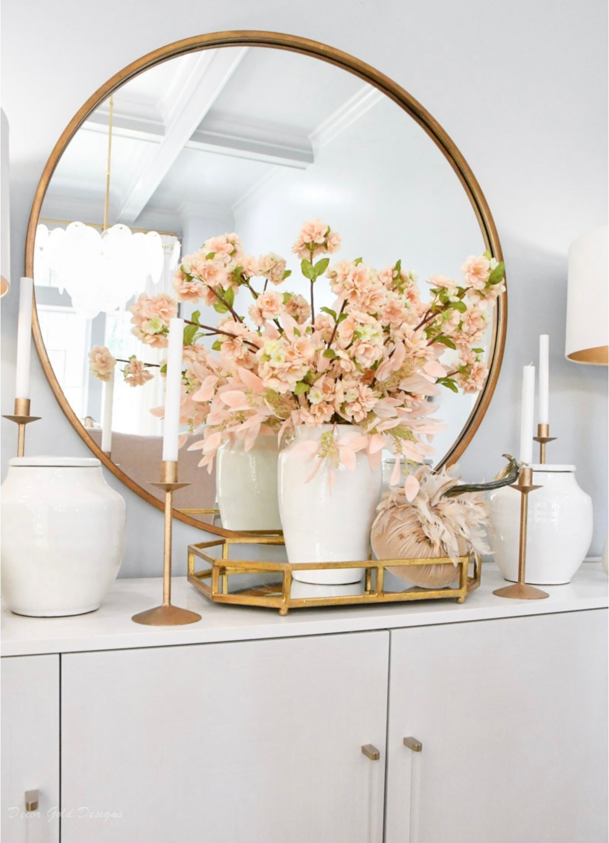 Fall home decor 
Dining room decor
Round mirror, console, buffet, sideboard 
Gold tray, velvet pumpkins, candlesticks 


#LTKHome