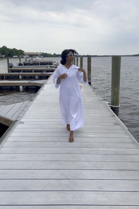 Loving this white linen Caftan dress with embroidered florals. Runs roomy. Great dress for summer vacation and by the water 

#LTKSwim #LTKTravel #LTKVideo