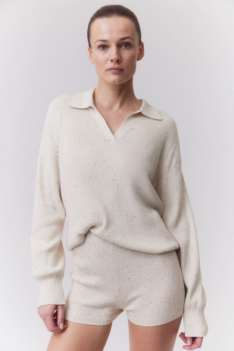 Rib-knit Sweater with Collar - Natural white/nepped - Ladies | H&M US | H&M (US + CA)