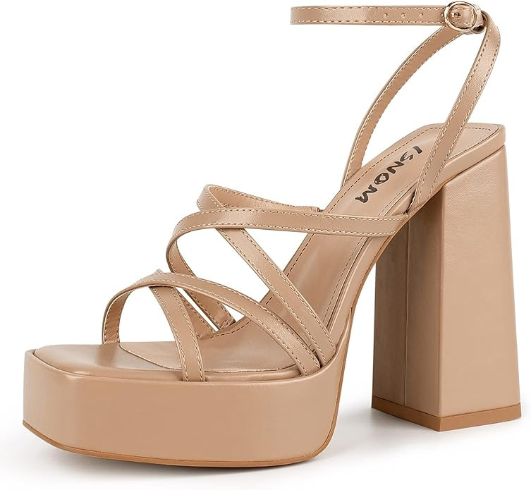 ISNOM Platform Chunky Heels for Women, Block Heel Sandals with Open Square Toe and Ankle Strap | Amazon (US)