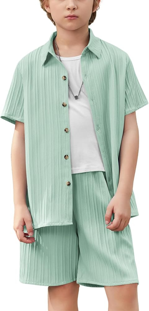 Arshiner Boy's Textured Button Up Shirt and Shorts Set 2 Piece Summer Beach Outfit for 5-12 Years... | Amazon (US)