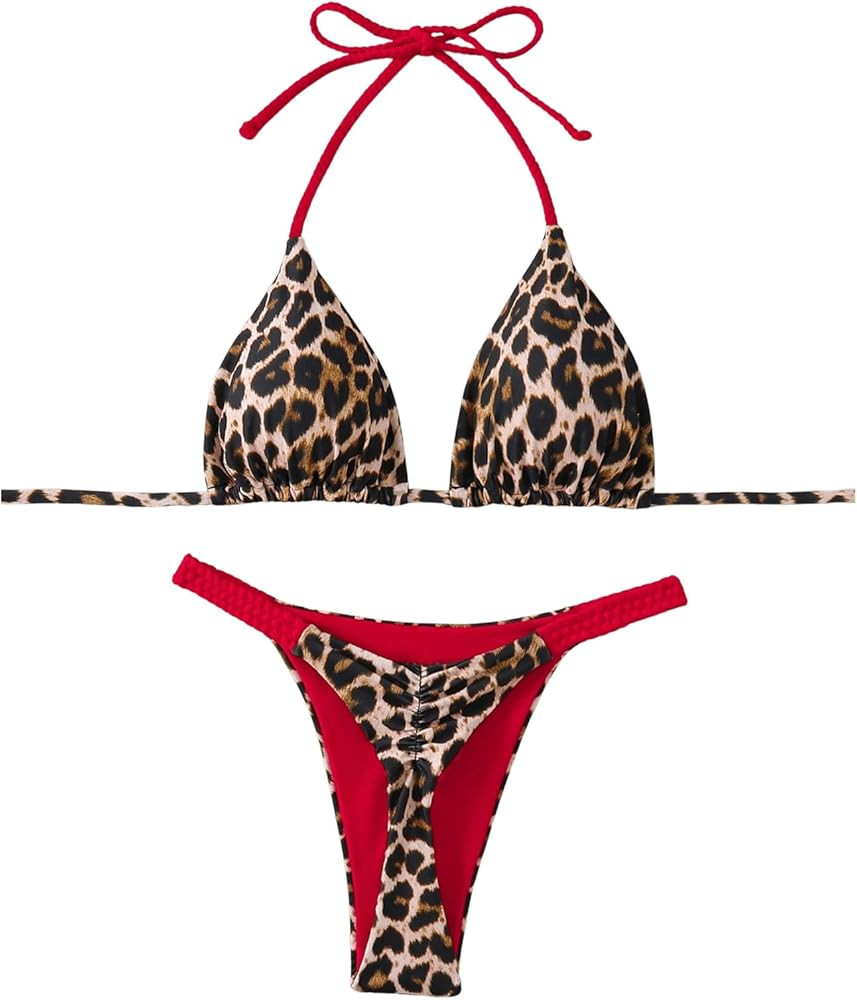 Floerns Women's 2 Piece Cheetah Print Bikini Set Halter String High Waist Thong Bathing Suits | Amazon (US)
