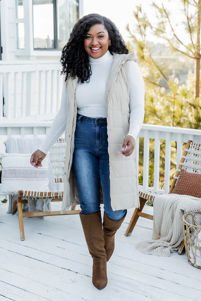 Step It Up Beige Long Puffer Vest | Pink Lily