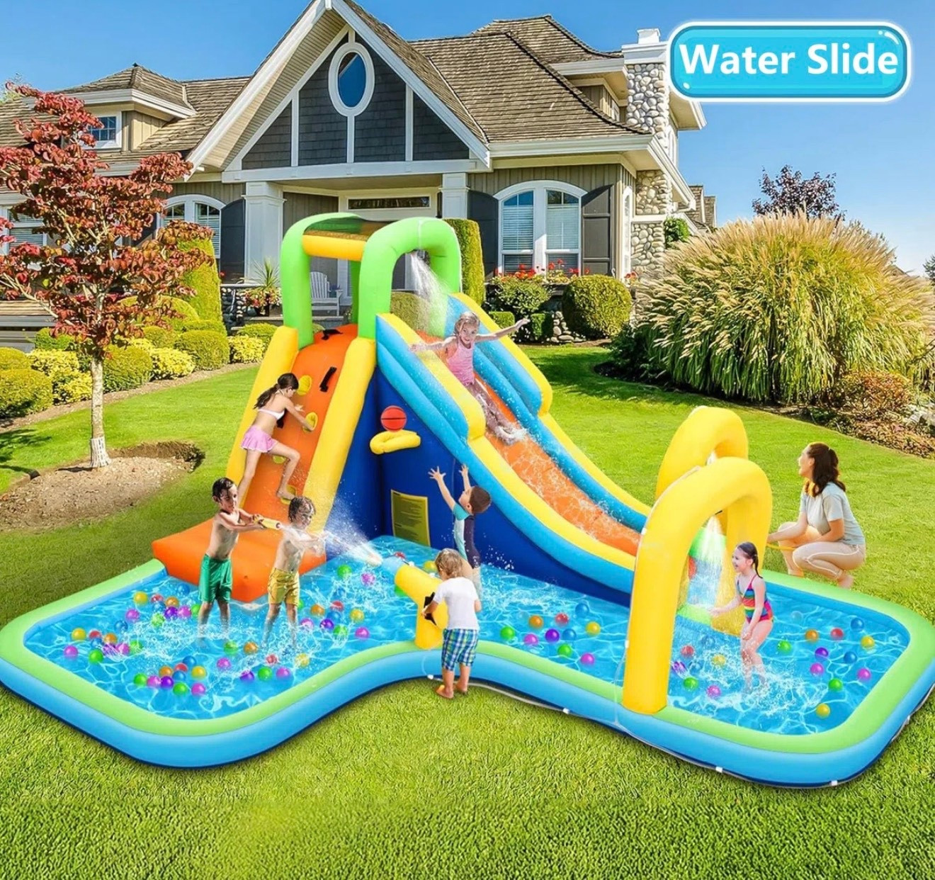 Inglatable water slide park with air blower for kids.

#LTKSwim #LTKSaleAlert #LTKKids