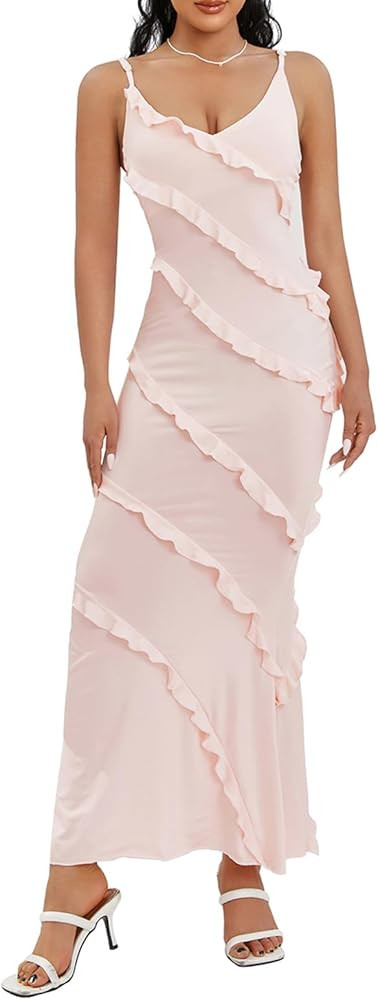 Juakoso Women Y2k Spaghetti Strap Maxi Dress Low Cut Ruffle Cami Long Dress Open Back Bodycon Dre... | Amazon (US)