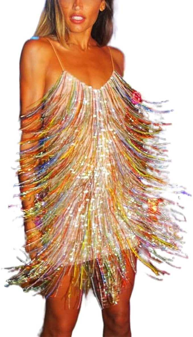 Koloyooya Women Tassel Sequin Dress Sexy Sleeveless U-Neck Latin Flapper Dress Backless 1920s Fri... | Amazon (US)