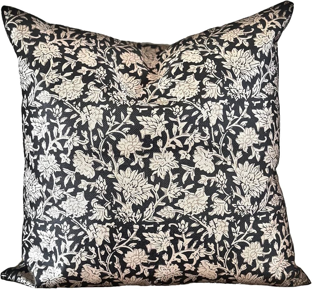 Modern Vintage Whimsical Floral Vintage Pillow Cover 18x18 Black and Cream Boho Farmhouse | Amazon (US)