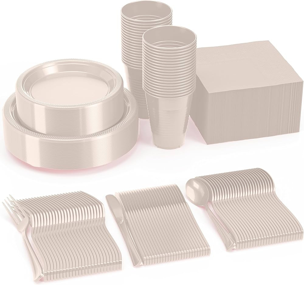 350 PCS Disposable Tableware Combo Pack INCLUDES: 50 9" Ivory Plastic dinner plates | 50 7" plast... | Amazon (US)