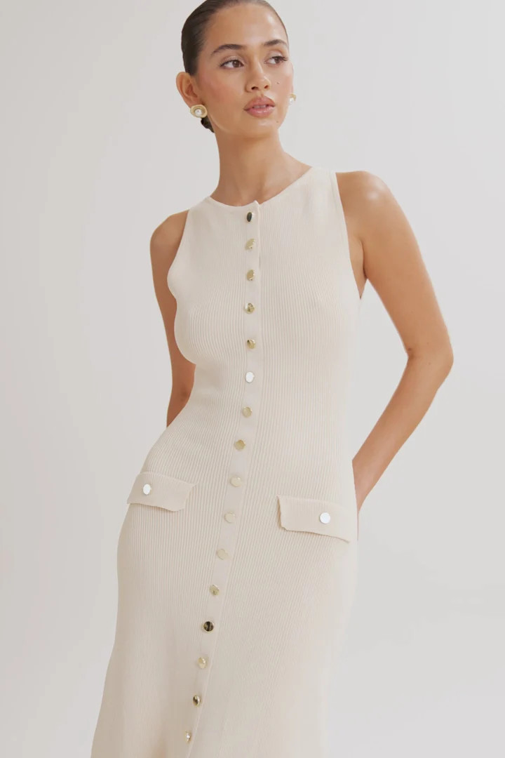 Sawyer Sleeveless Buttoned Maxi Dress - Ivory | MESHKI US