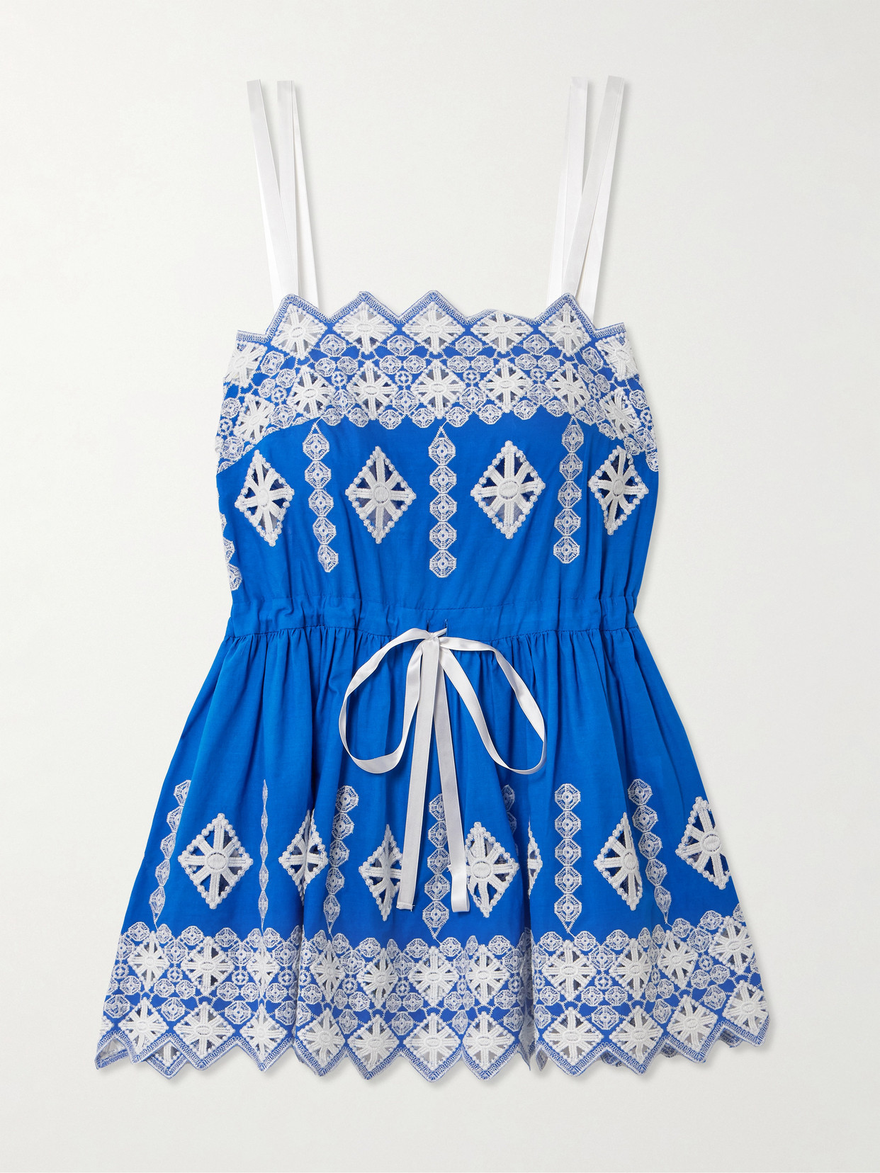 Miguelina - Brielle Rhombus Scalloped Embroidered Poplin Mini Dress - Blue | NET-A-PORTER (US)