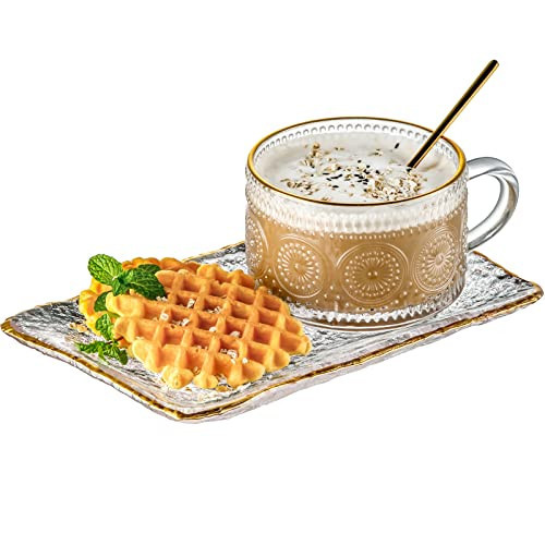 Gezzeny Vintage Coffee Mugs Set, Glass Cups Set with Saucer and Spoon, Clear Embossed Tea Breakfast Dessert Plate for Cappuccino, Latte, Cereal, Milk, Home Office Party, Golden, 3 Piece | Amazon (US)