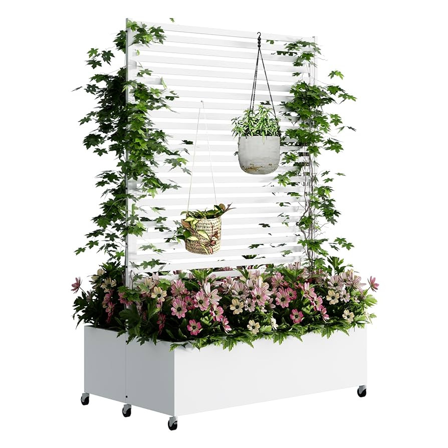 Double Metal Planter Box with Trellis Privacy Screen, Raised Garden Bed with Trellis & Wheels, Pl... | Amazon (US)