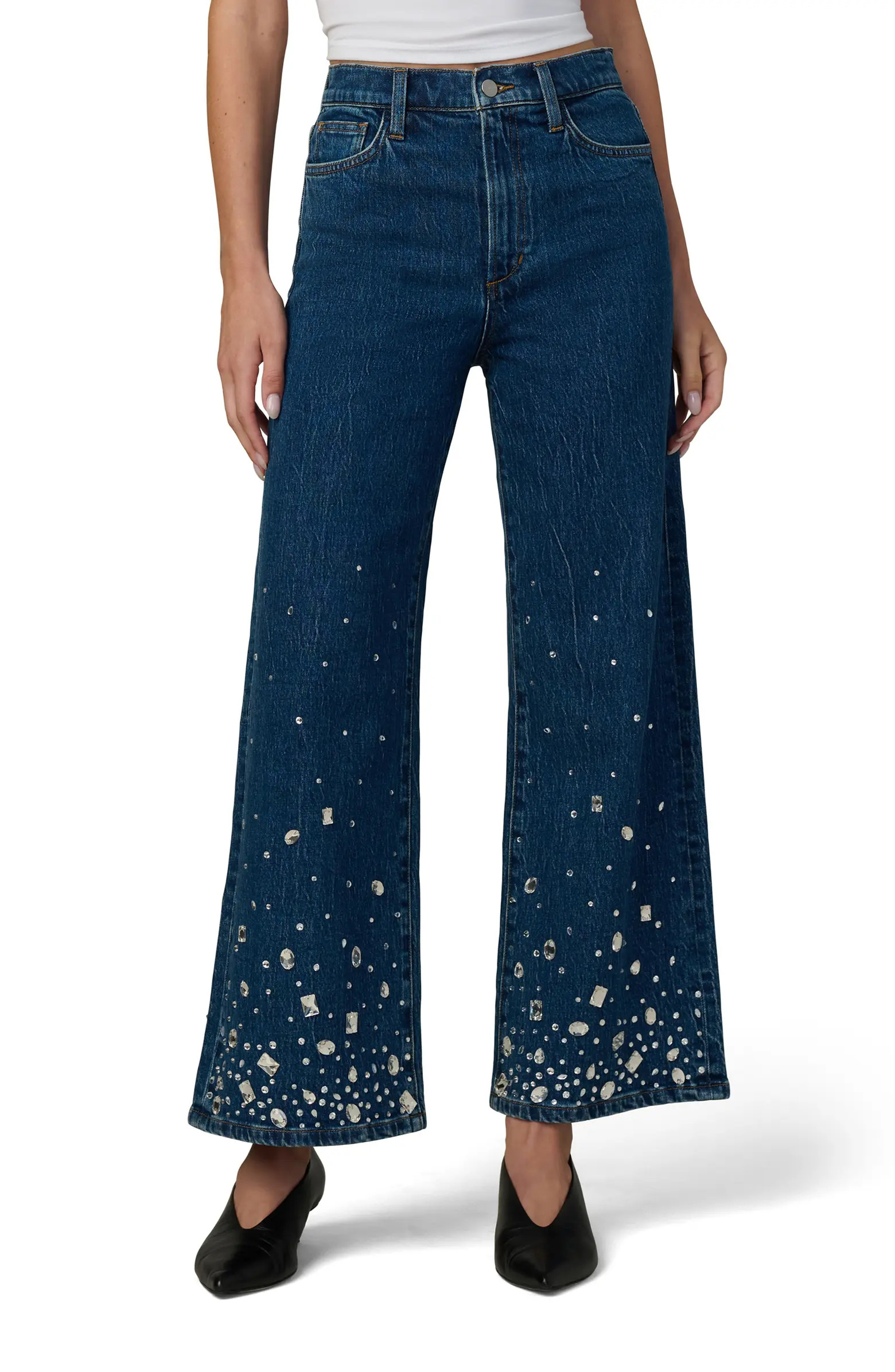 The Mia Stone Embellished Ankle Wide Leg Jeans | Nordstrom