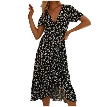 Summer Dresses for Women 2022 Floral Print Dress V Neck Short Sleeve Dresses Casual Ruffle Irregular | Walmart (US)