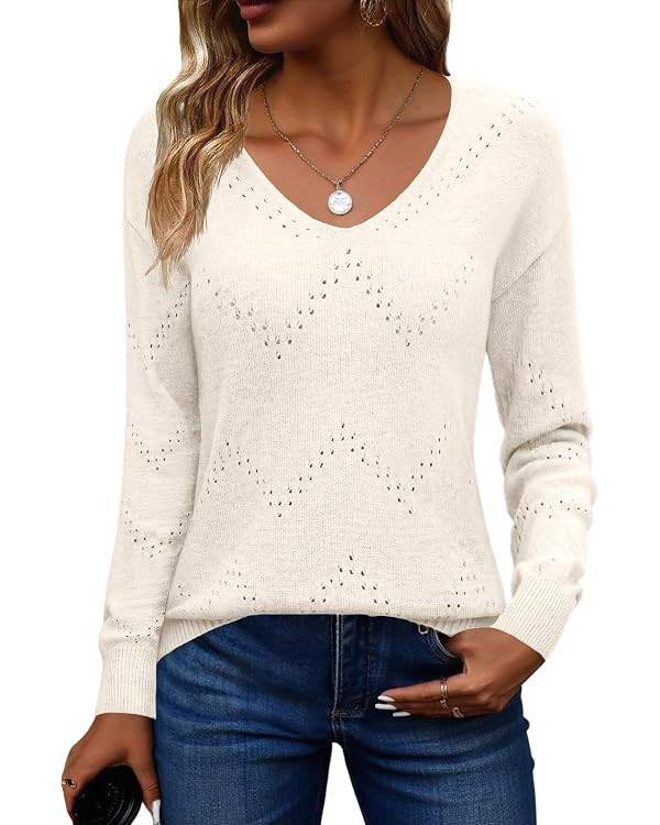 Zeagoo Womens Sweaters Fall Trendy Casual Long Sleeve Shirt Lightweight V Neck Off Shoulder Croch... | Amazon (US)