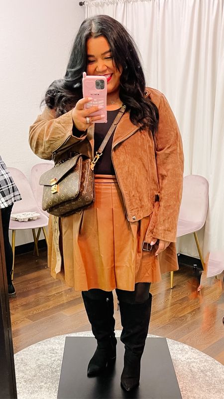 Loving camel tones for winter! This suede moto is super warm and comes in a faux leather version as well! Im wearing the 2X! My skirt from Eloquii is in a size 18. Im wearing my Spanx long sleeve bodysuit in a 2X as well! 

#LTKHoliday #LTKSeasonal #LTKcurves