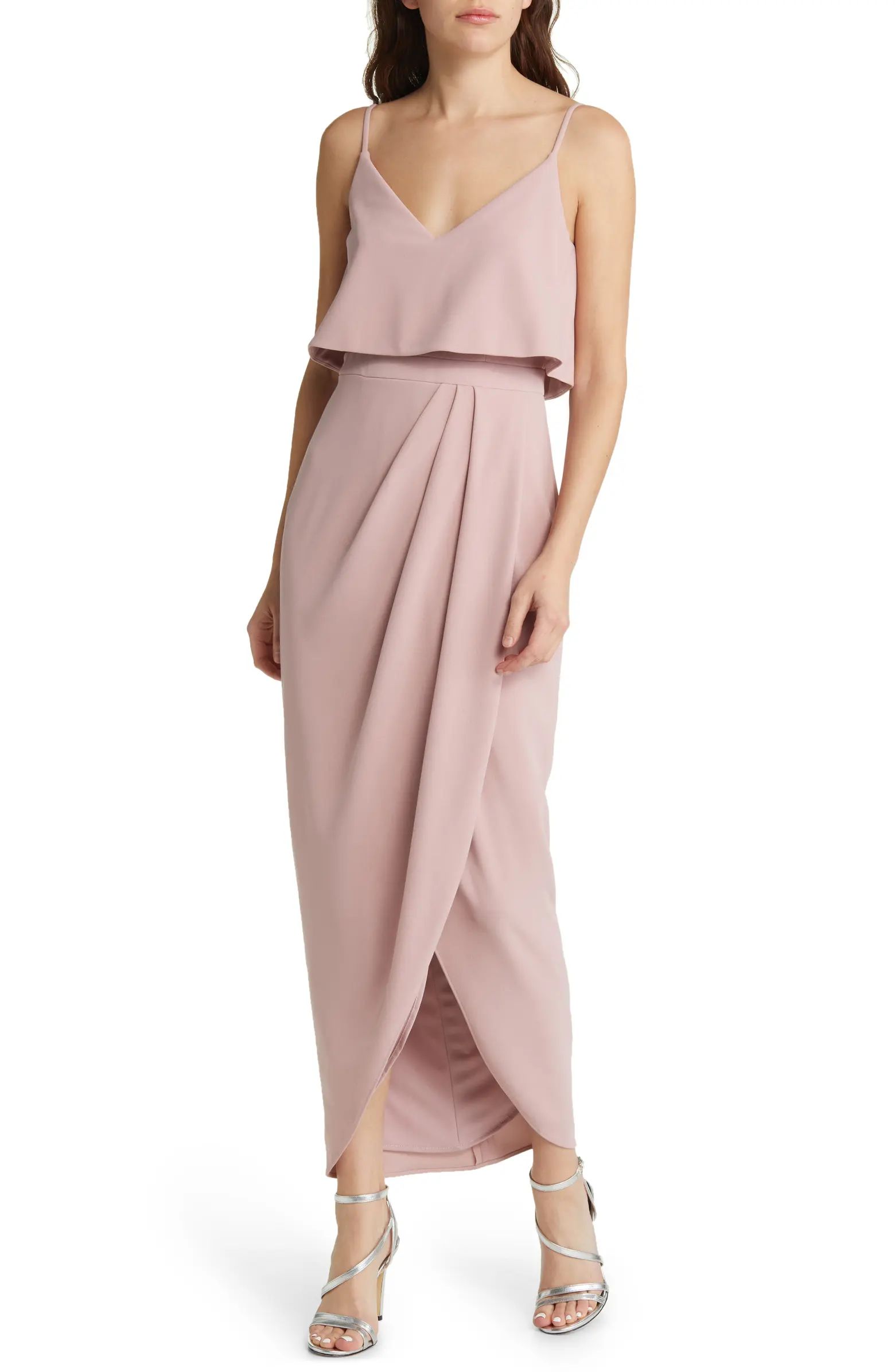 Scuba Crepe Popover Faux Wrap Gown | Nordstrom