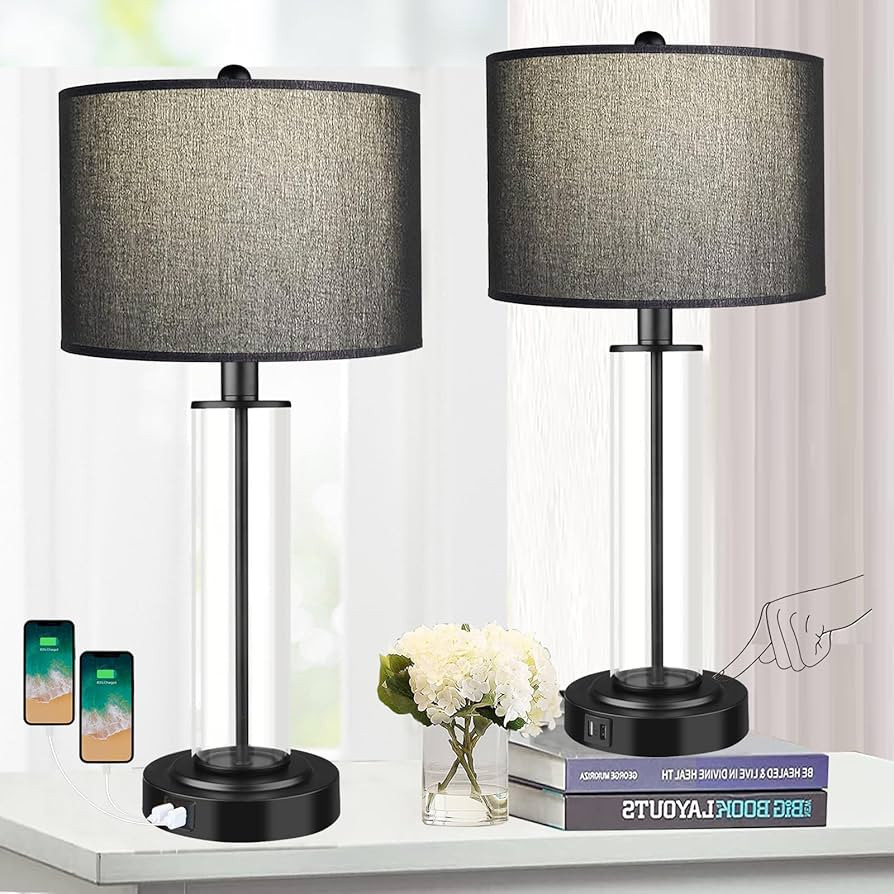 Table Lamps for Bedrooms Set of 2, 26'' Tall Glass Bedside Table Lamp with Dual USB Charging Port... | Amazon (US)