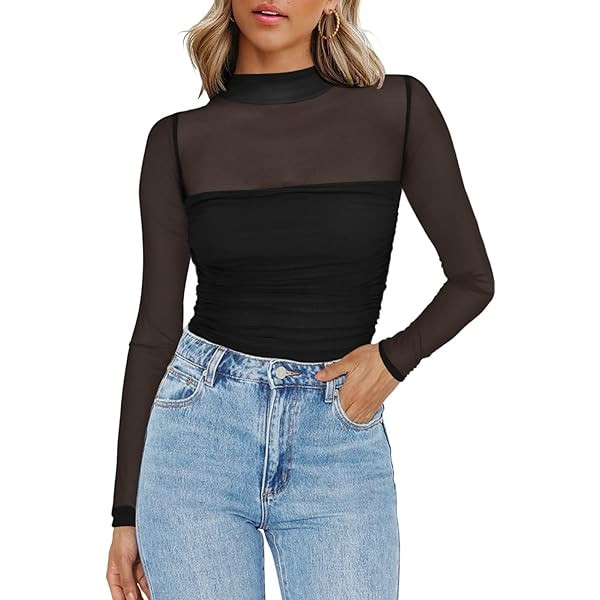 SUUKSESS Women Double Line Mesh Sheer Crop Tank Tops Mock Neck Long Sleeve Shirts Fall | Amazon (US)