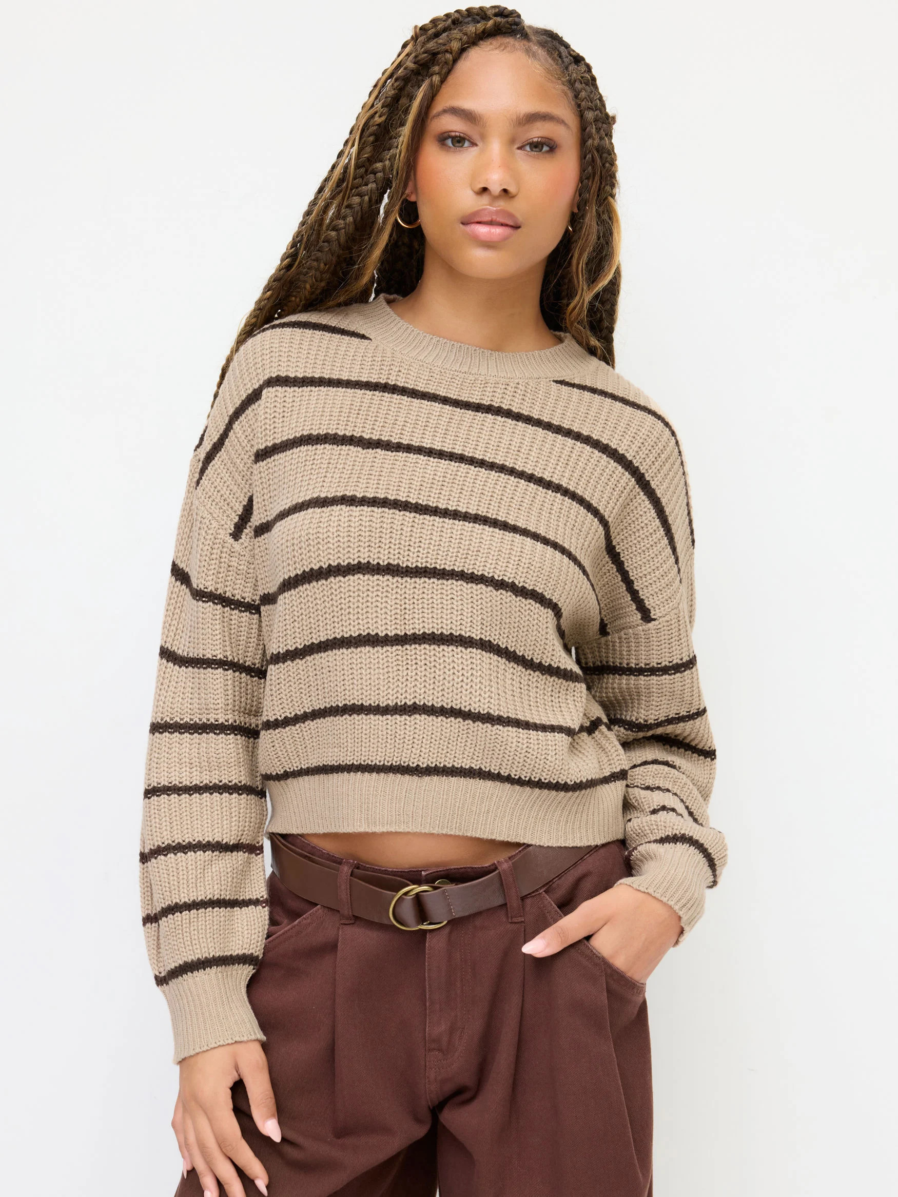 Striped Knit Round Neckline Long Sleeve Top | Cider