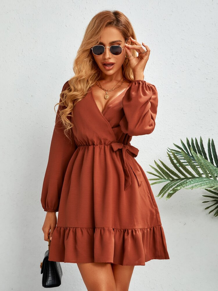 Lantern Sleeve Ruffle Hem Knot Side Dress | SHEIN