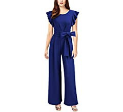 Knitee Women's Vintage Sleeveless Ruffle High Waist Wide Leg Romper Formal Long Jumpsuit with Bel... | Amazon (US)