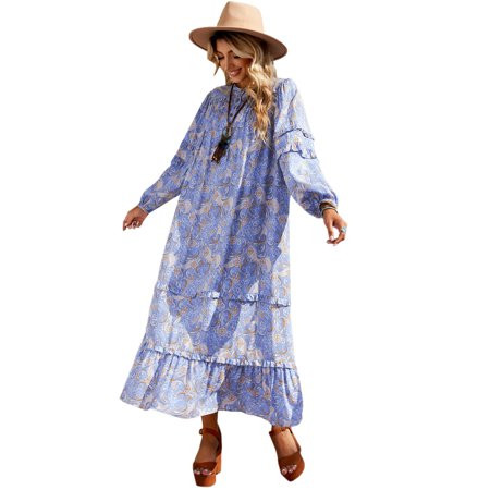 Women Purple Ruffled Bubble Sleeves Kaftan Paisley Maxi Dress | Walmart (US)