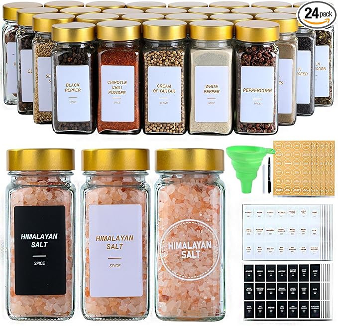 Glass Spice Jars with Label, 24Pcs Spice Jars with Shaker Lids-4 oz Gold Spice Seasoning Jars Bot... | Amazon (US)