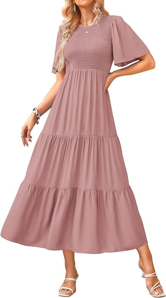 KIRUNDO Womens Fashion 2025 Spring Summer Casual Flutter Short Sleeve Midi Dress Smocked Tiered A... | Amazon (US)
