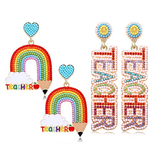 NLCAC 2 Pairs Teacher Earrings for Women Beaded Teacher Pencil Drop Dangle Earrings Teacher Appreciation Gifts (Teacher Rainbow) | Amazon (US)