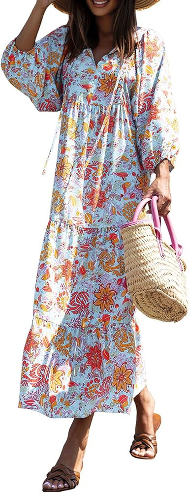 miduo Womens Loose Fit Casual Summer V Neck Half Sleeve Bohemian Geometric Pattern Maxi Long Dres... | Amazon (US)