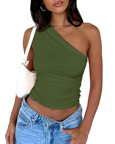 zhaistar One Shoulder Tops for Women Y2K Ruched Tight Slim Fitted T Shirts Going Out Tank Tops Summer Army Green L | Amazon (US)