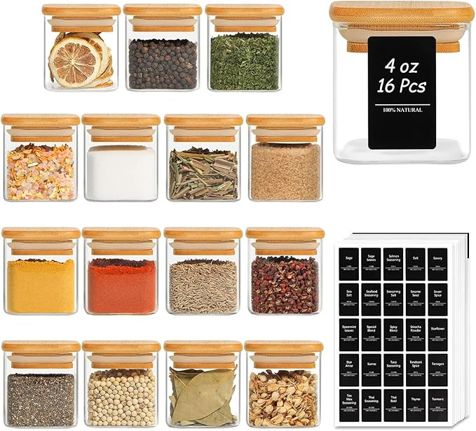 ComSaf 16Pcs Glass Spice Jars with Bamboo Lid, 4oz Airtight Square Spice Containers with 275 Blac... | Amazon (US)
