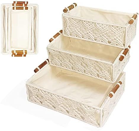 Large Boho storage basket Set of 3 | Macrame storage basket for bathroom decor woven baskets for ... | Amazon (US)