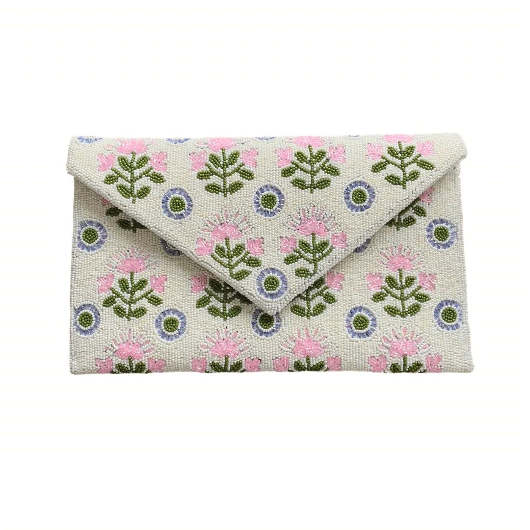 Hand Beaded Floral Clutch in Pink/Olive/Periwinkle | Beth Ladd Collections