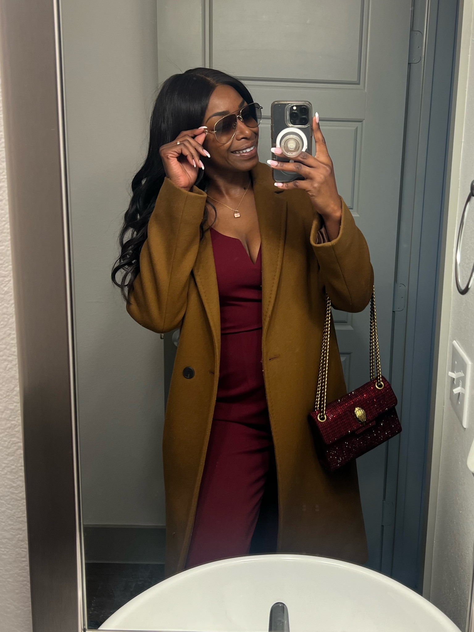 Winter style - camel colored coats and rich wine jumpsuits.

#kurtkeiger #handbags #coatseason 

#LTKstyletip #LTKHoliday