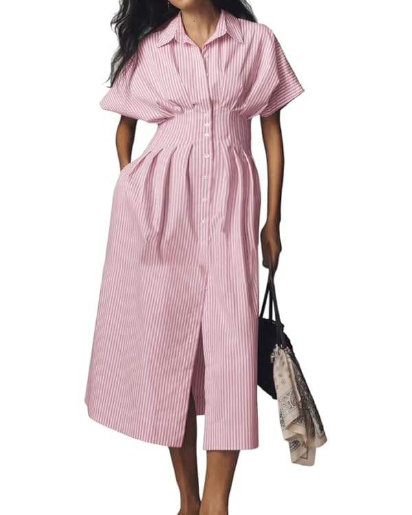 chouyatou Women's Contrast Color Striped Shirt Dress Pleated Button Down Maxi Long Tunic Dress | Amazon (US)