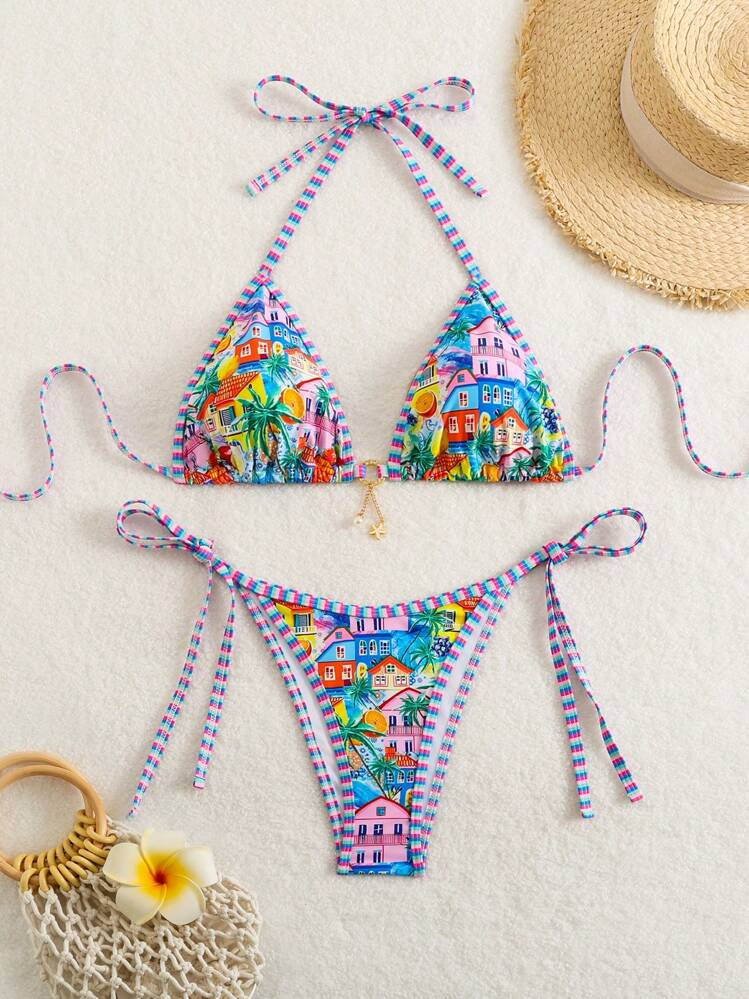 Swim Vcay Ladies' Resort Palm Tree Print Halter Neck Tie Sexy Bikini Set, Summer Beach | SHEIN