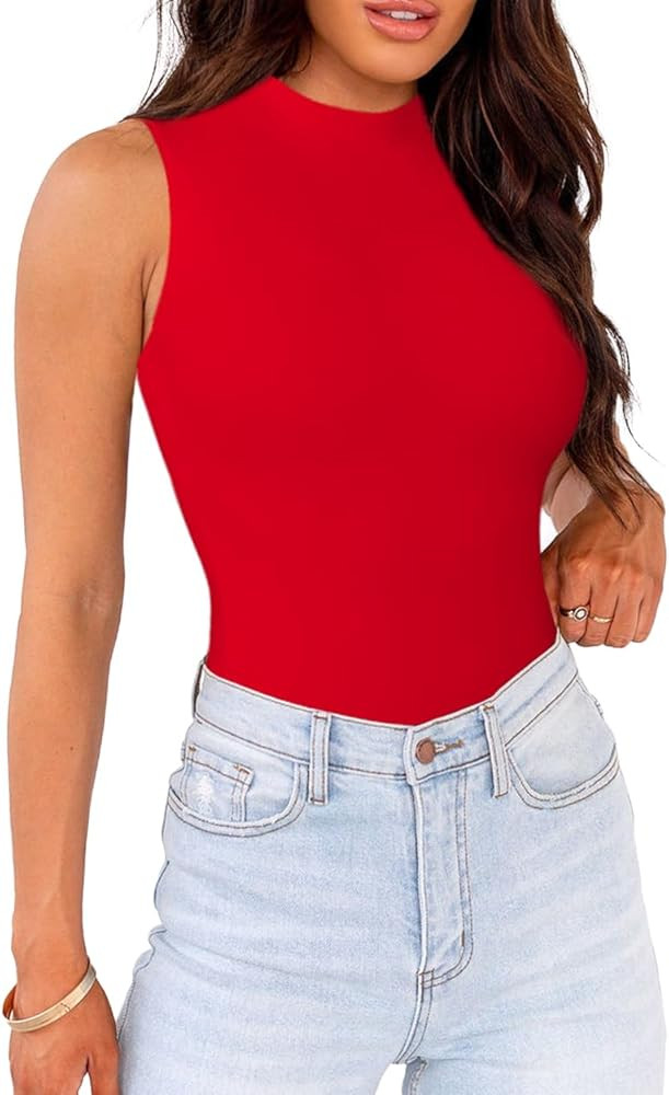 WAYMAKER Mock Neck Bodysuits for Women Sleeveless Basic Tank Top Body Suit Shirts | Amazon (US)