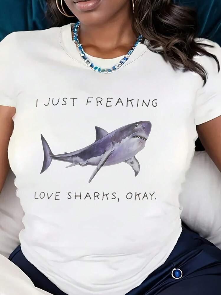 Round Neck T-Shirt With Shark Illustration And I Just Freaking Love Sharks, Okay Text For Casual Wear,220g | SHEIN