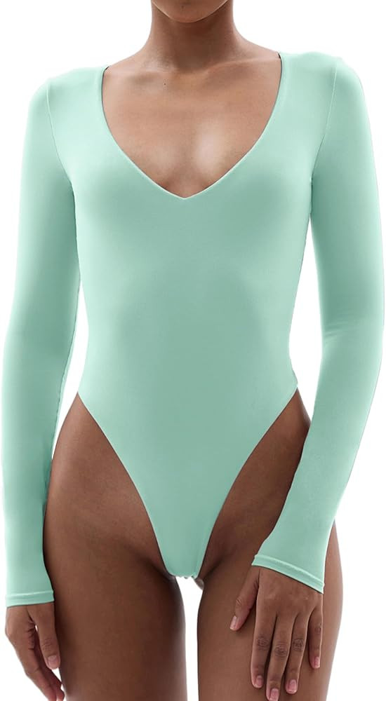 SHAPERX Women's Long Sleeve Bodysuit Fits Everybody Soft V Neck Basic Tops with Thong | Amazon (US)