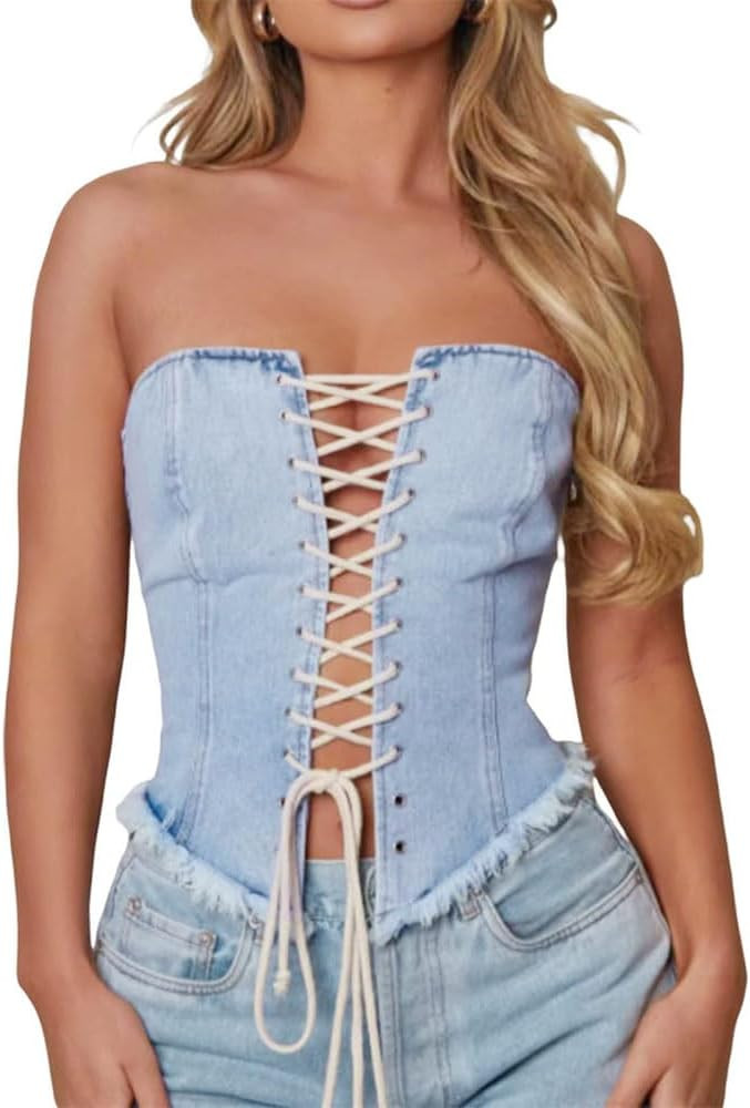 Women Vest Chic Shoulder Lady Corset Tube Top Sexy Jeans Camisole Top Denim Crop Top | Amazon (US)