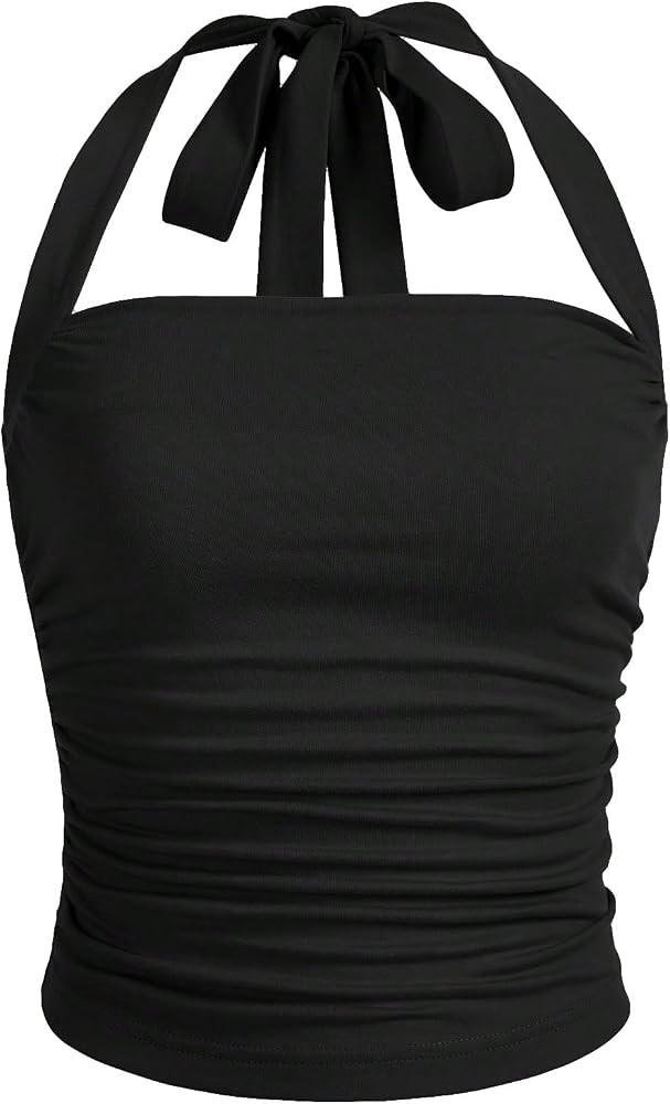 SOLY HUX Women's Ruched Halter Y2K Crop Tops Tie Back Sleeveless Slim Fit Cami Tops | Amazon (US)