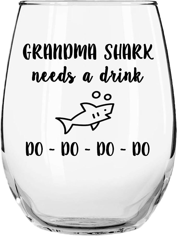 Grandma Shark Needs a Drink Do Do Do Do Funny Novelty Libbey Stemless Wine Glass with Sayings - G... | Amazon (US)